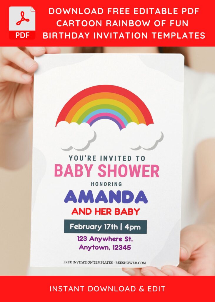 (Free Editable PDF) Colorful Pastel Rainbow Baby Shower Invitation Templates D