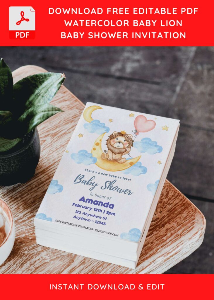 (Free Editable PDF) Lovely Cute Lion Baby Shower Invitation Templates D