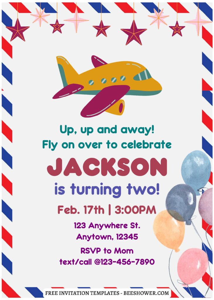 (Free Editable PDF) Cute Watercolor Airplane Birthday Invitation Templates  C