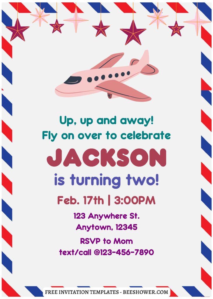 (Free Editable PDF) Cute Watercolor Airplane Birthday Invitation Templates  B