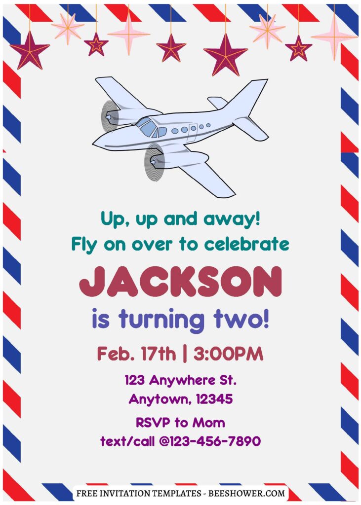 (Free Editable PDF) Cute Watercolor Airplane Birthday Invitation Templates A