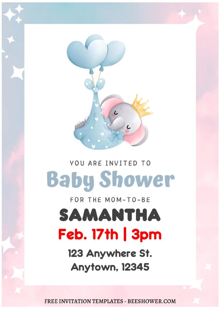 (Free Editable PDF) Watercolor Baby Elephant Baby Shower Invitation Templates C