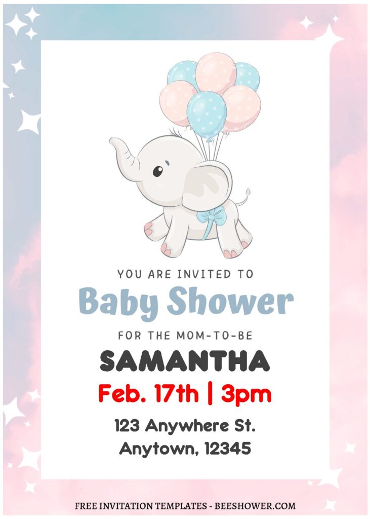 (Free Editable PDF) Watercolor Baby Elephant Baby Shower Invitation Templates A