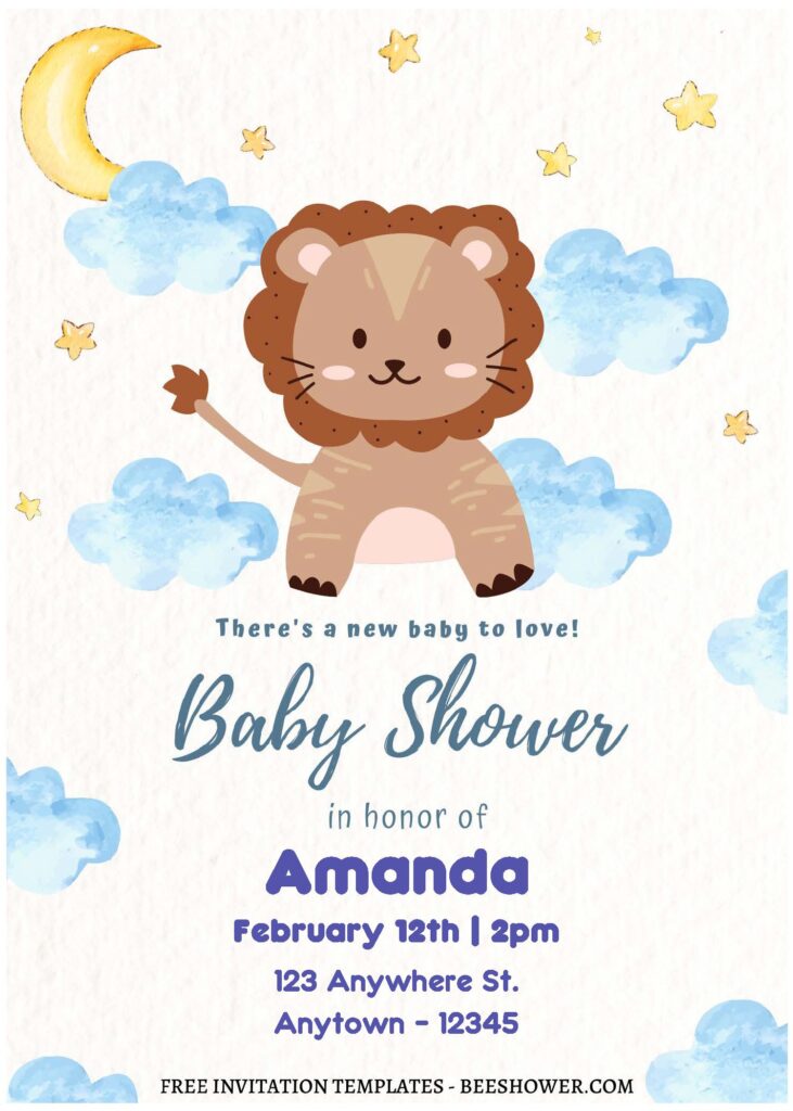 (Free Editable PDF) Lovely Cute Lion Baby Shower Invitation Templates B