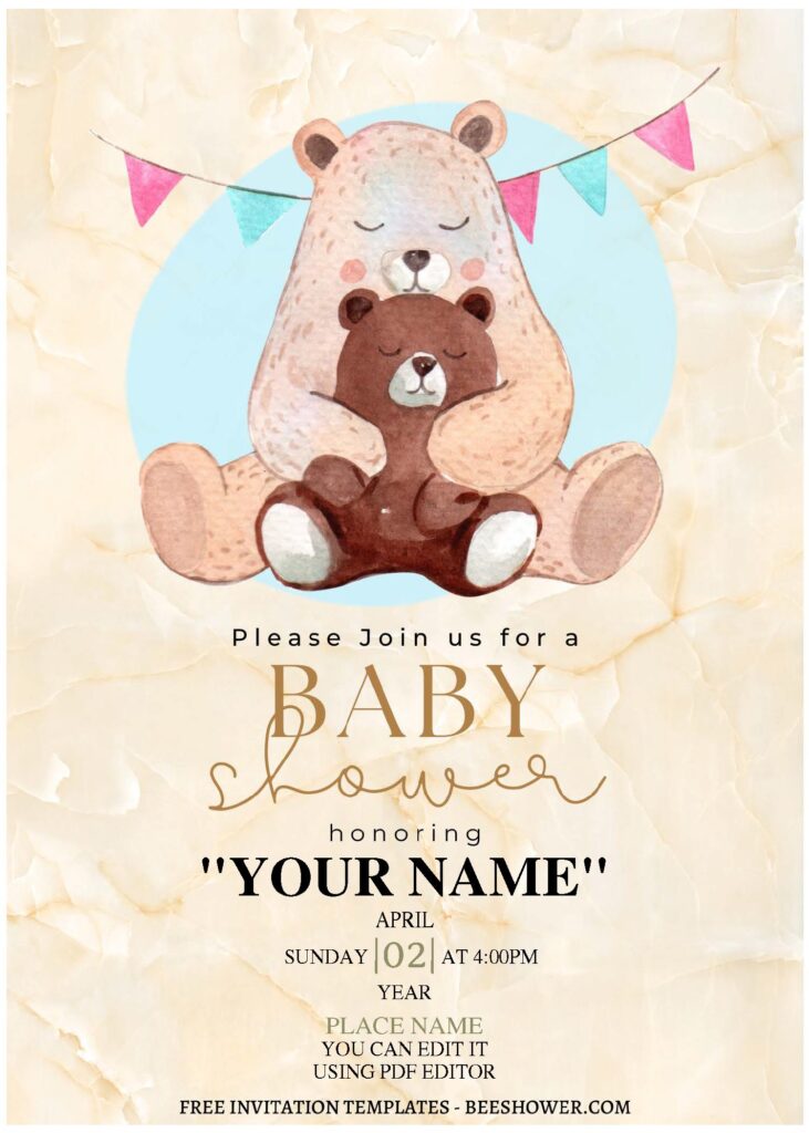 (Free Editable PDF) Watercolor Baby Bear Baby Shower Invitation Templates C