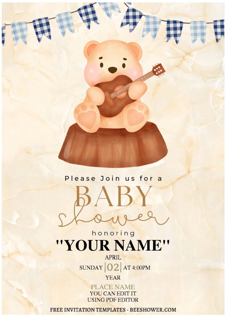 (Free Editable PDF) Watercolor Baby Bear Baby Shower Invitation Templates A