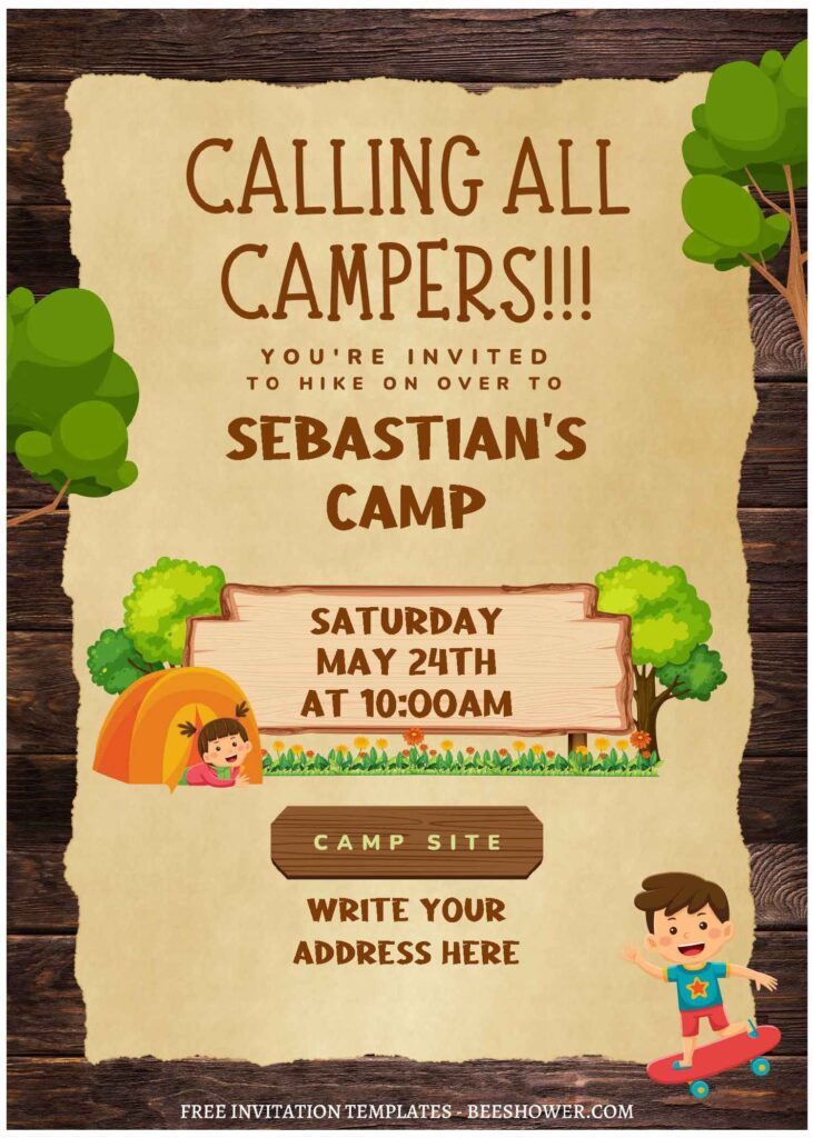 (Free Editable PDF) Epic Camping Sleepover Birthday Invitation Templates with cartoon trees