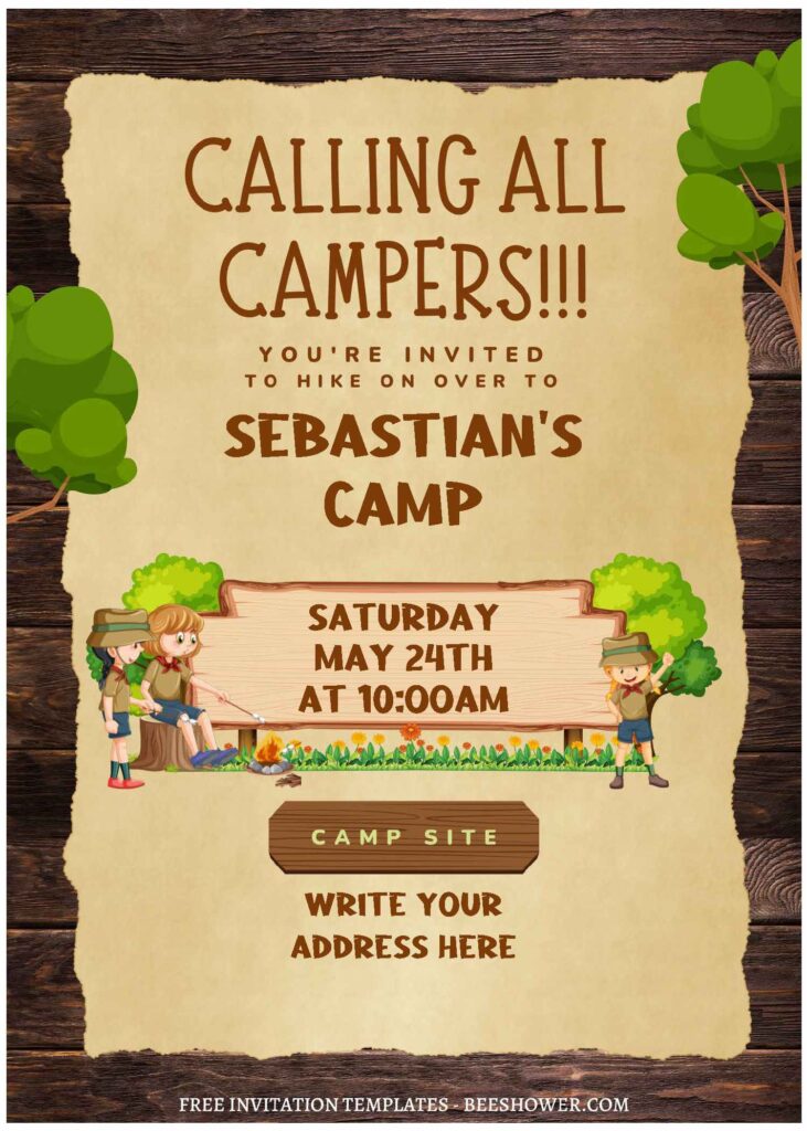 (Free Editable PDF) Epic Camping Sleepover Birthday Invitation Templates with wood background