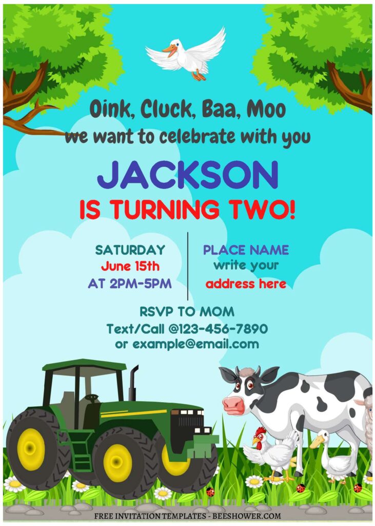(Free Editable PDF) Cartoon Barnyard Farm Birthday Invitation Templates with Farm Tractor