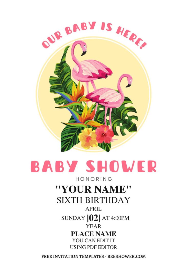 (Free Editable PDF) Tropical Flamingo Baby Shower Invitation Templates A