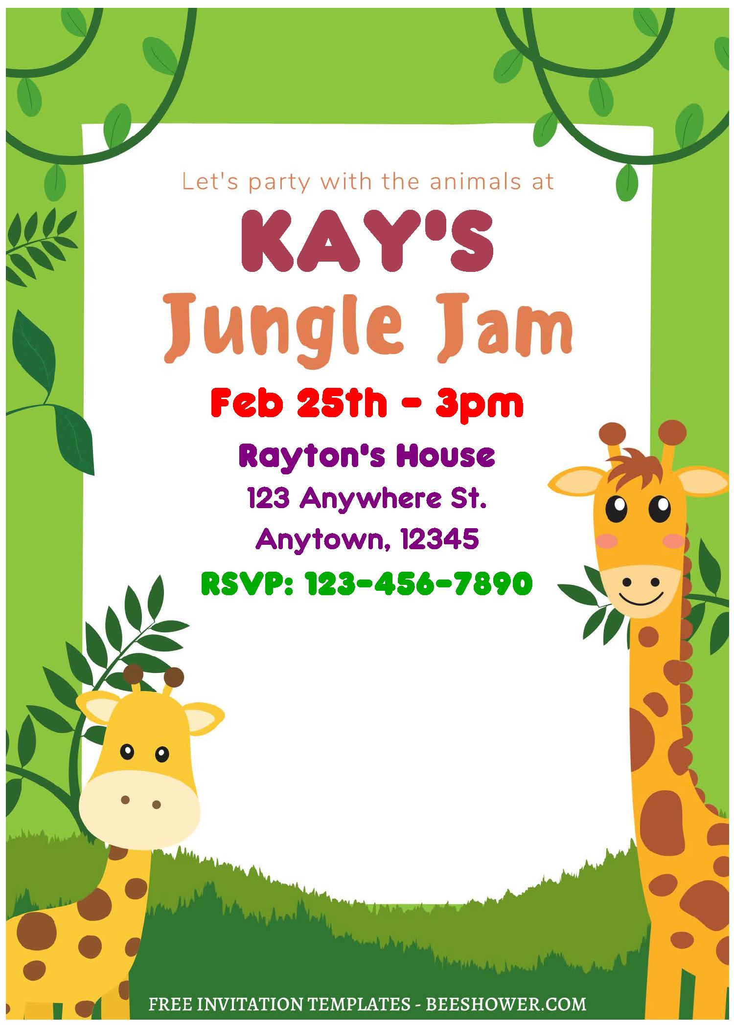 (Free Editable PDF) Cute Giraffe Jungle Baby Shower Invitation Templates J