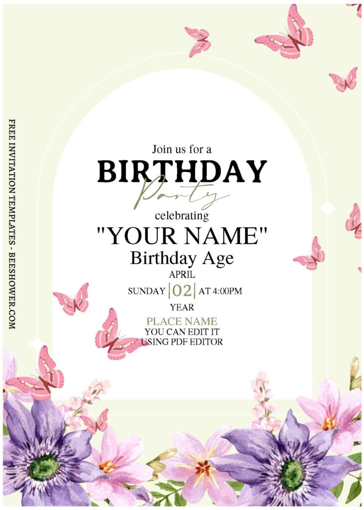 Magical Butterfly C - Downloadable (Free Editable PDF) Magical Butterfly Garden Birthday Invitation Templates - Template No. 26