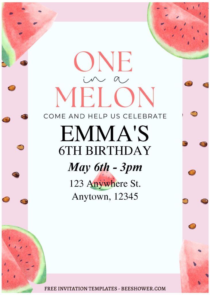 (Free Editable PDF) Summertime Watermelon Baby Shower invitation Templates B