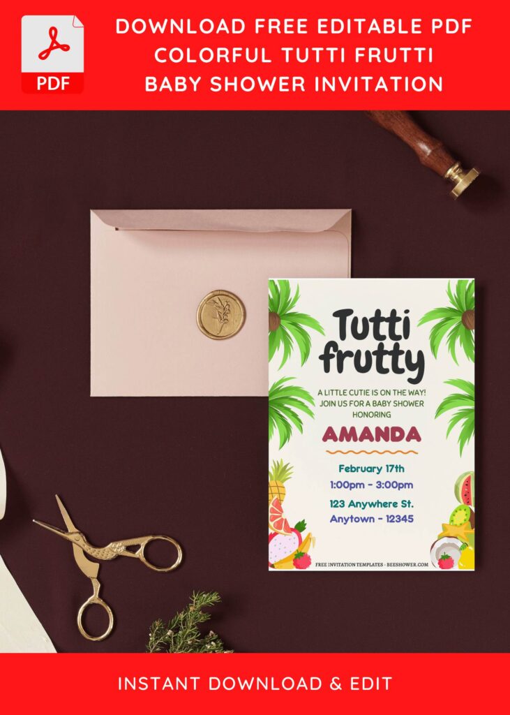 (Free Editable PDF) Summertime Tutti Frutti Baby Shower Invitation Templates I