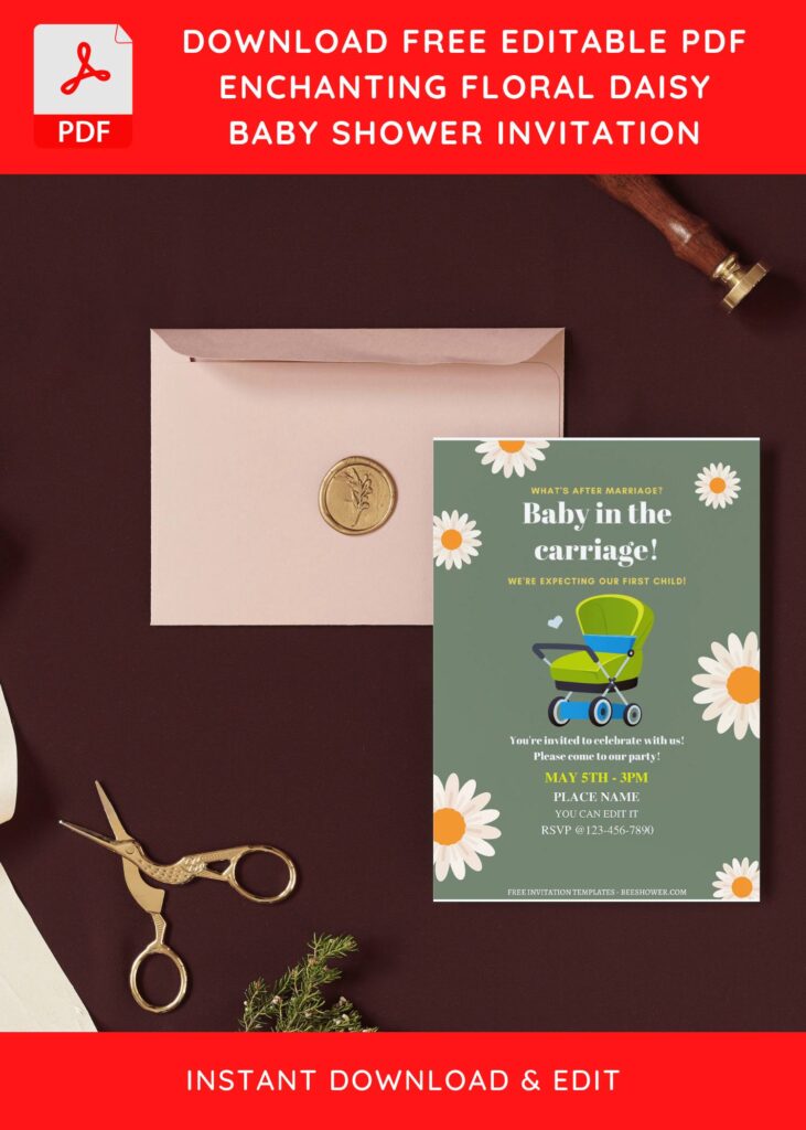 (Free Editable PDF) Baby In The Carriage Daisy Baby Shower Invitation Templates I