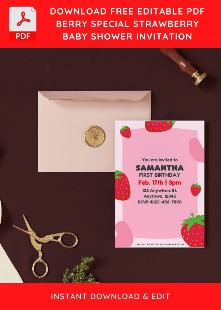 (Free Editable PDF) Berry Special Strawberry Baby Shower Invitation Templates I
