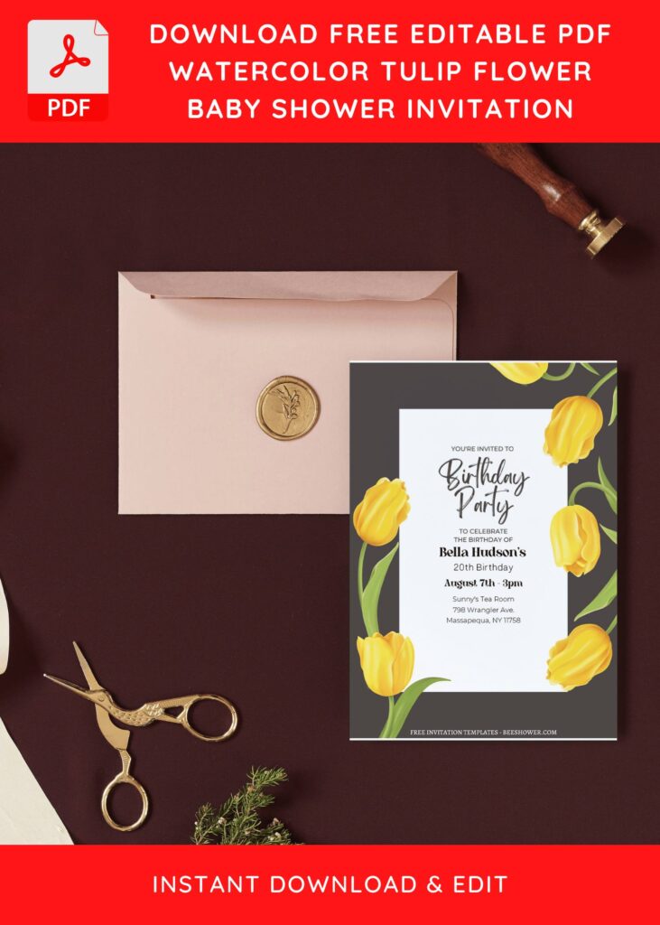 (Free Editable PDF) Flawlessly Elegant Tulip Baby Shower Invitation Templates I