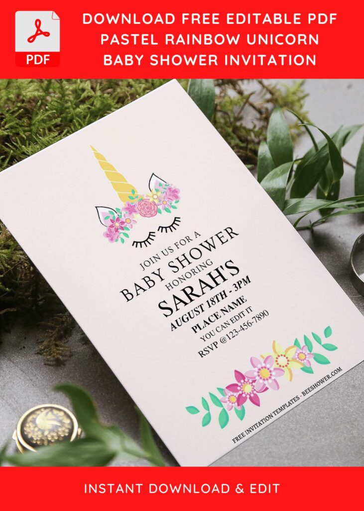 (Free Editable PDF) Floral Crowned Unicorn Baby Shower Invitation Templates F