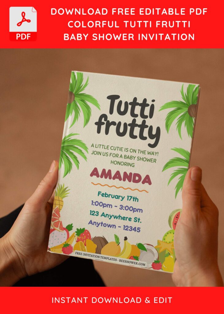 (Free Editable PDF) Summertime Tutti Frutti Baby Shower Invitation Templates E
