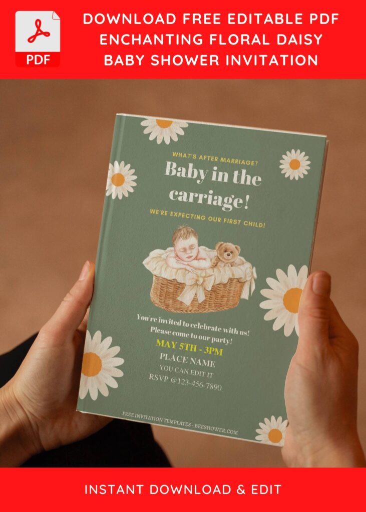 (Free Editable PDF) Baby In The Carriage Daisy Baby Shower Invitation Templates E