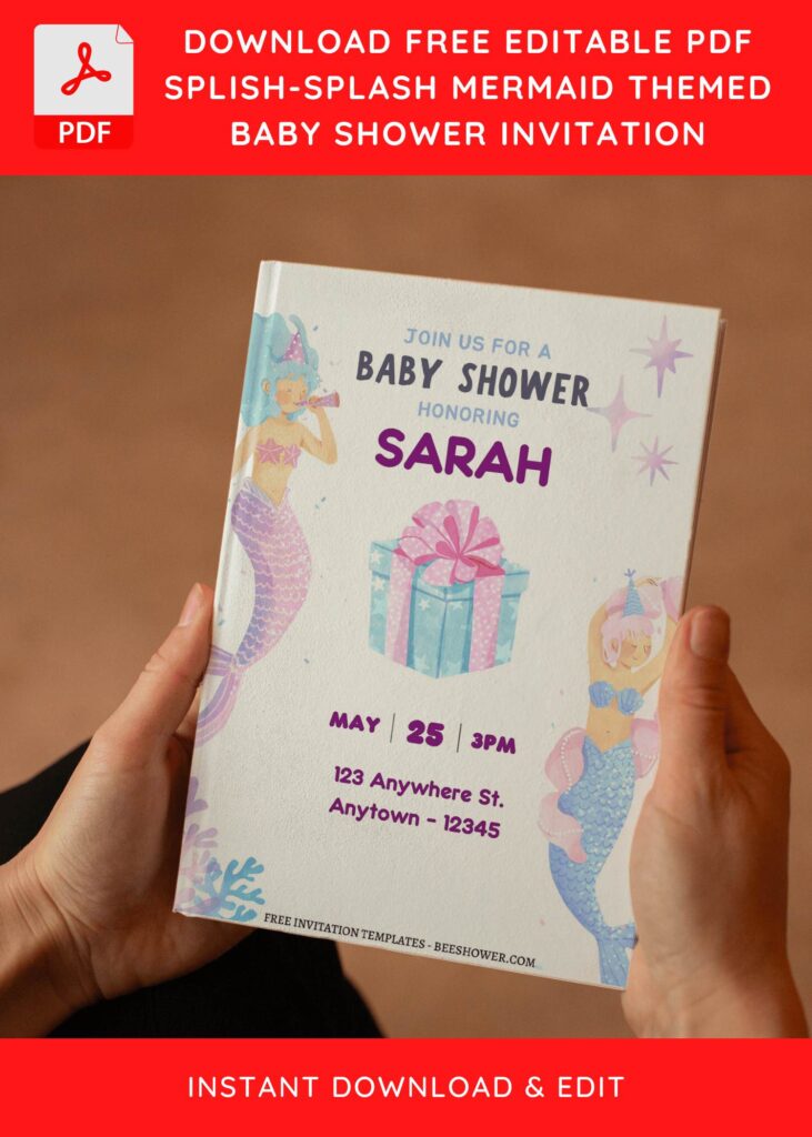 (Free Editable PDF) Cute & Pretty Mermaid Baby Shower Invitation Templates E