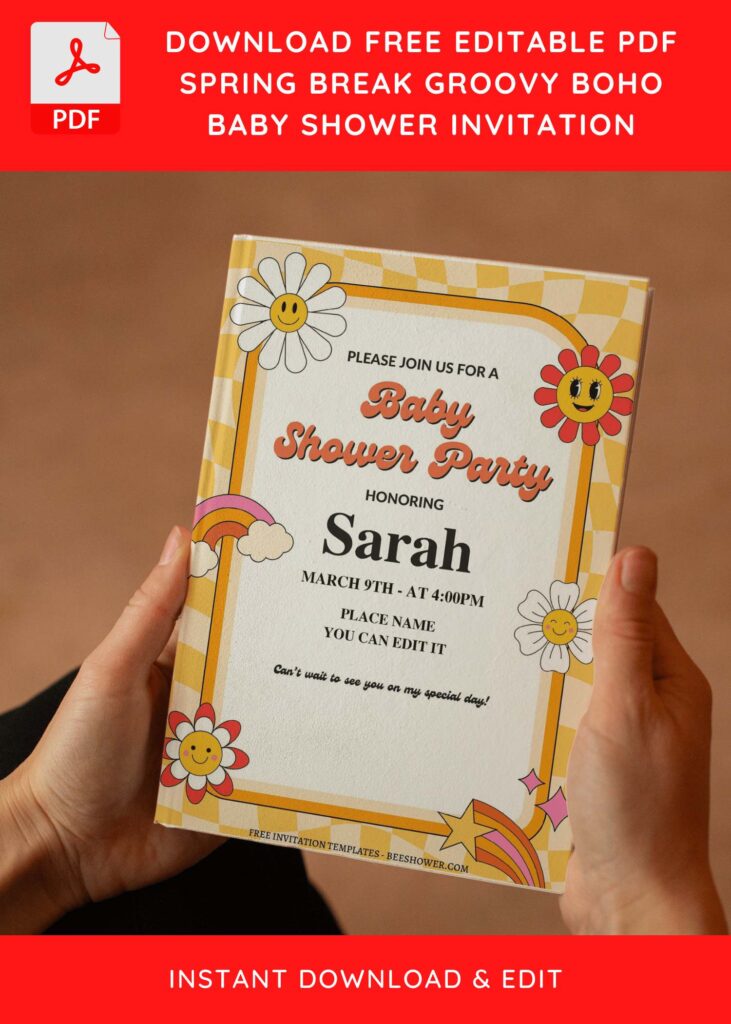 (Free Editable PDF) Adorable Groovy Boho Baby Shower Invitation Templates E