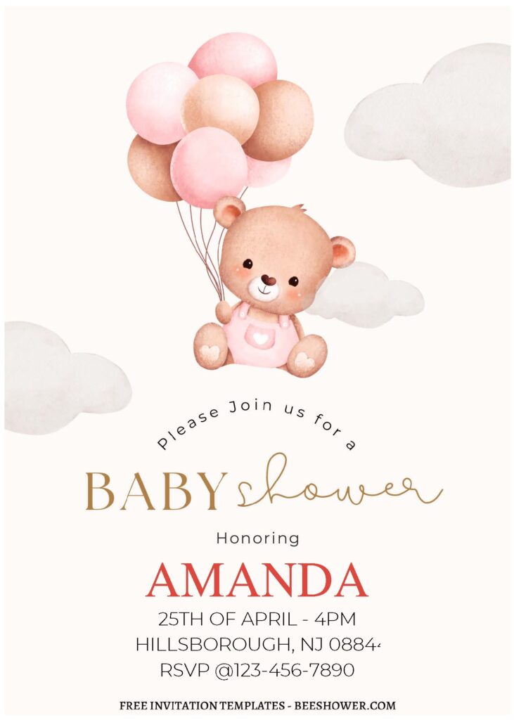 (Free Editable PDF) Teddy Bear & Balloon Birthday Invitation Templates C