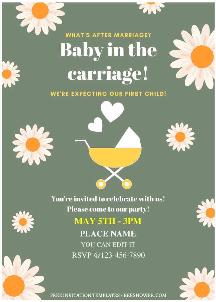 (Free Editable PDF) Baby In The Carriage Daisy Baby Shower Invitation Templates C