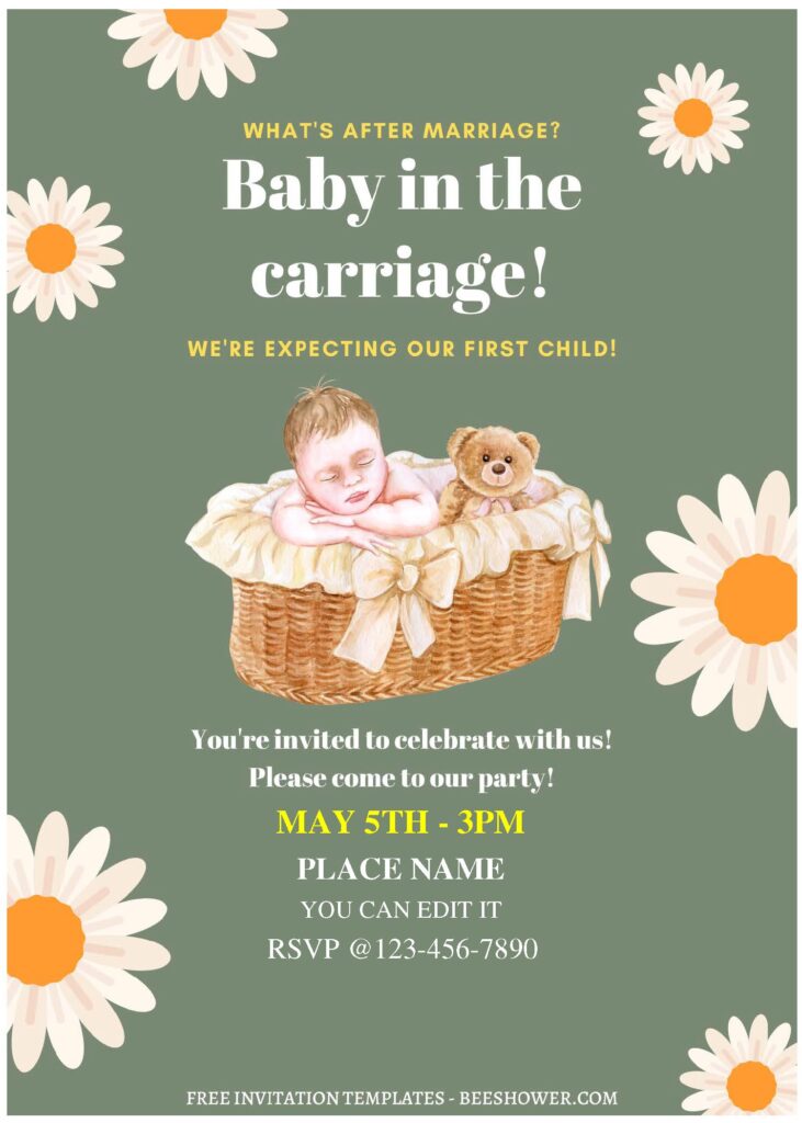 (Free Editable PDF) Baby In The Carriage Daisy Baby Shower Invitation Templates A