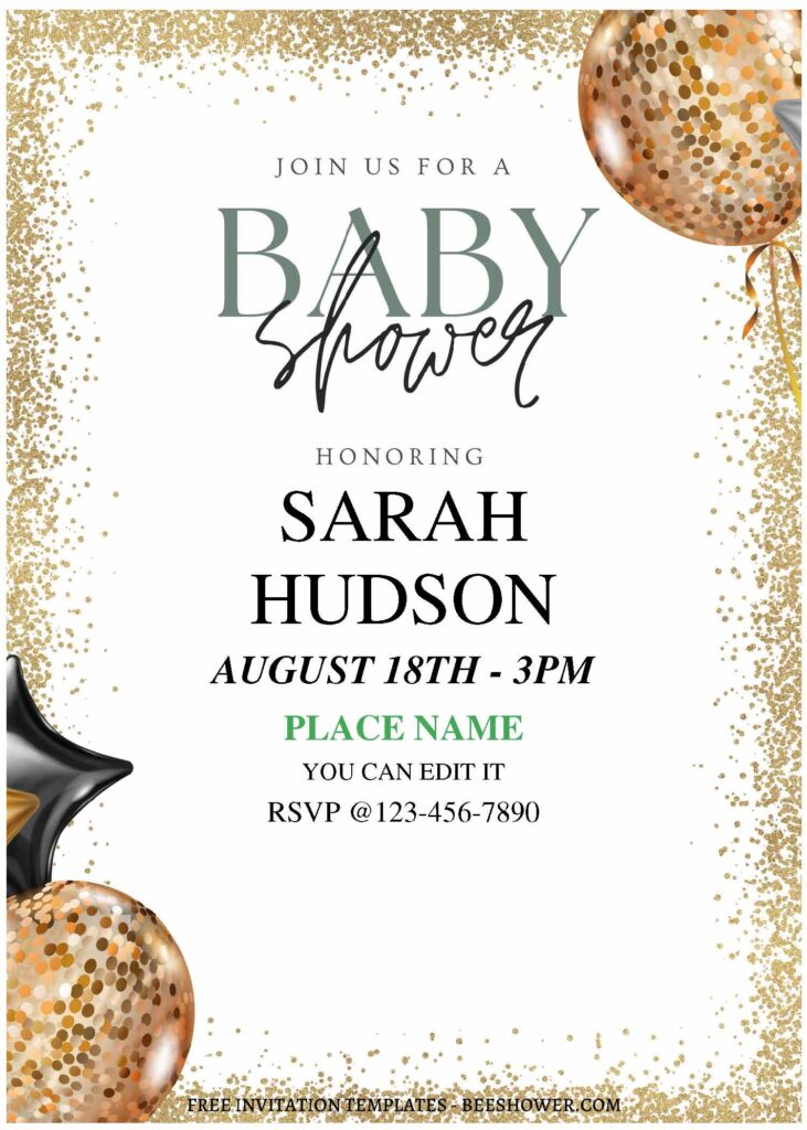 (Free Editable PDF) Elegant Glitter Balloon Baby Shower Invitation Templates A