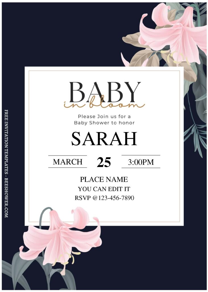 (Free Editable PDF) Pure White Watercolor Lily Baby Shower Invitation B