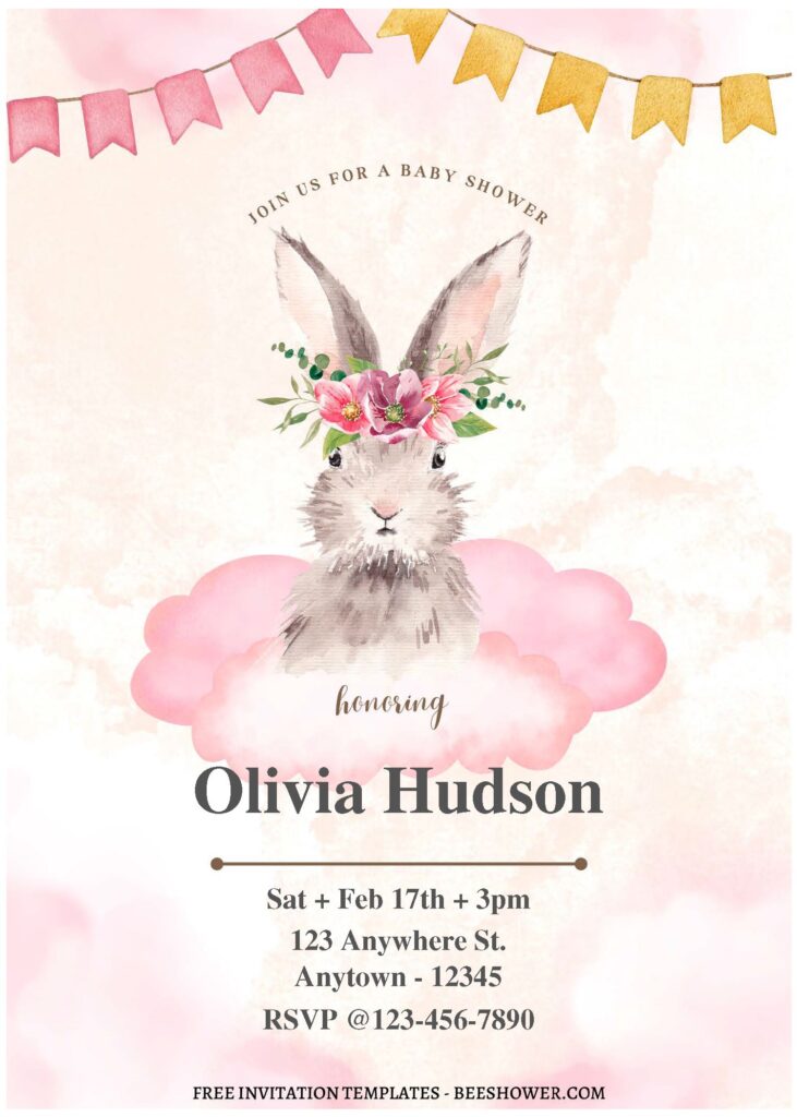 (Free Editable PDF) Watercolor Floral Bunny Birthday Invitation Templates A