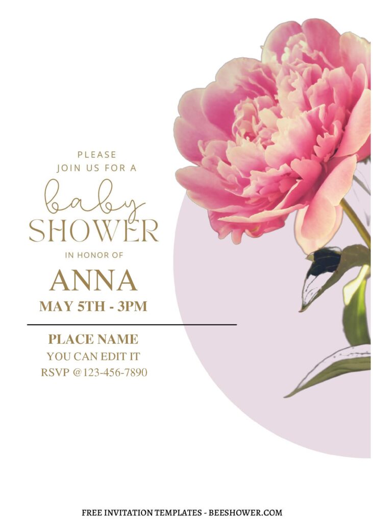 (Free Editable PDF) Pure Beauty Peony Baby Shower Invitation Templates A