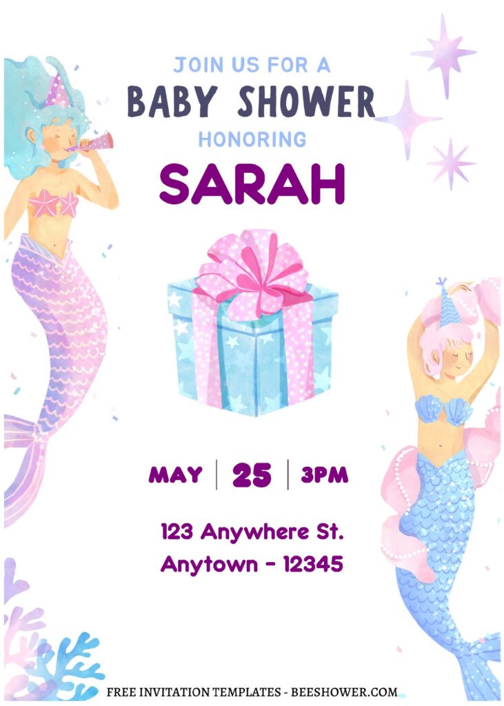 (Free Editable PDF) Cute & Pretty Mermaid Baby Shower Invitation Templates C