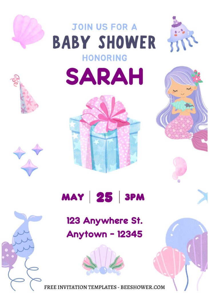 (Free Editable PDF) Cute & Pretty Mermaid Baby Shower Invitation Templates A