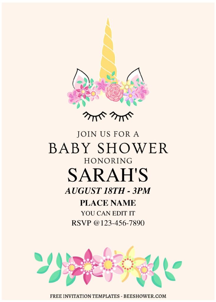 (Free Editable PDF) Floral Crowned Unicorn Baby Shower Invitation Templates B