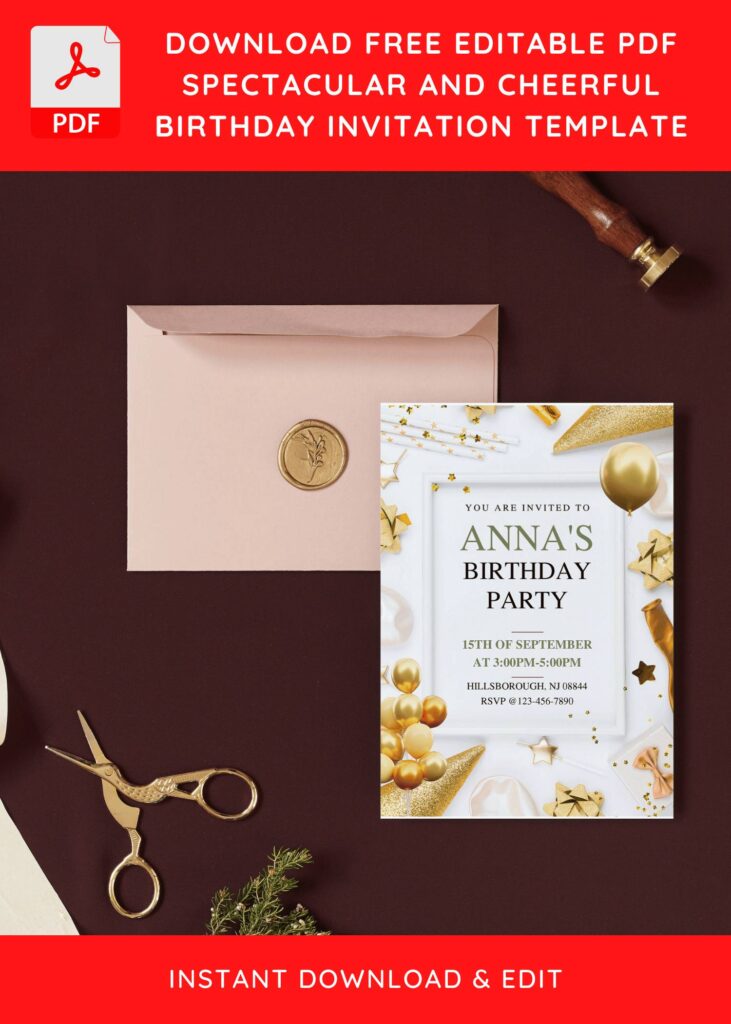 (Free Editable PDF) Shimmering Gold Birthday Invitation Templates I