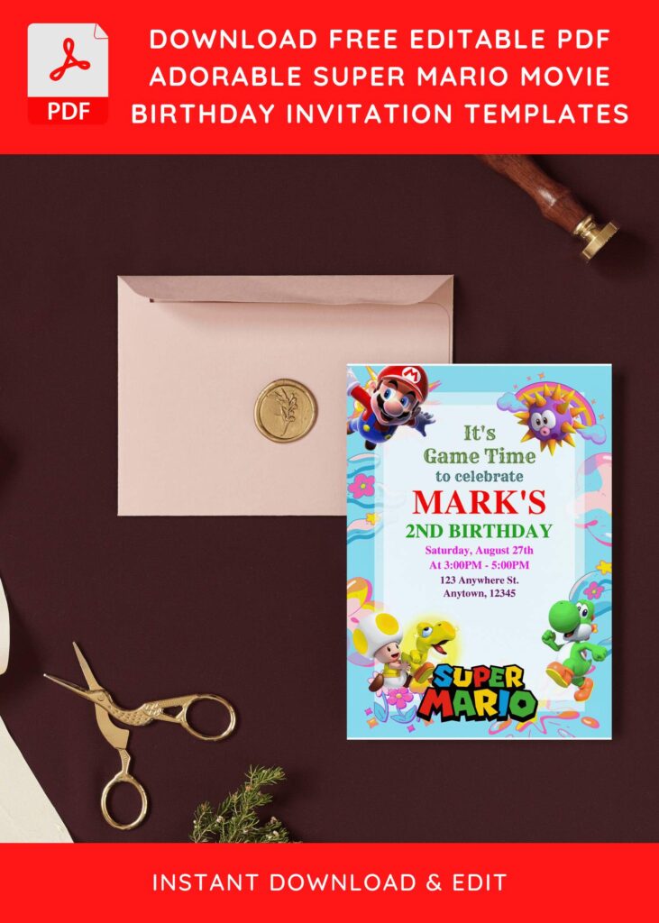 (Free Editable PDF) Playful Super Mario Bros Baby Shower Invitation Templates I
