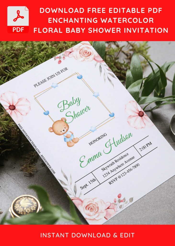 5 13 - Downloadable (Free Editable PDF) Floral Teddy Bear Baby Shower Invitation Templates - Template No. 34