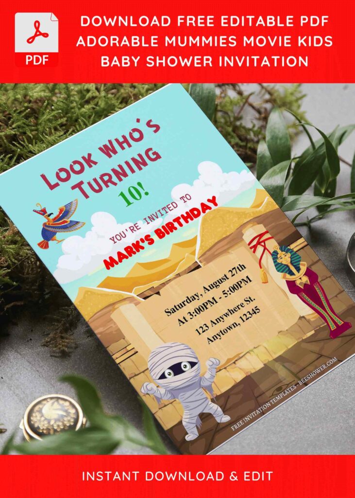 (Free Editable PDF) Lovely The Mummies Baby Shower Invitation Templates with cartoon mummies