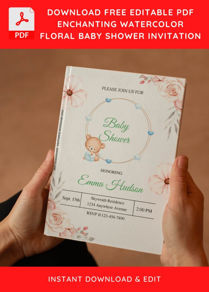 6 13 - Downloadable (Free Editable PDF) Floral Teddy Bear Baby Shower Invitation Templates - Template No. 32