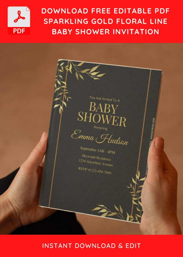 (Free Editable PDF) Edgy Gold Line Art Baby Shower Invitation Templates E