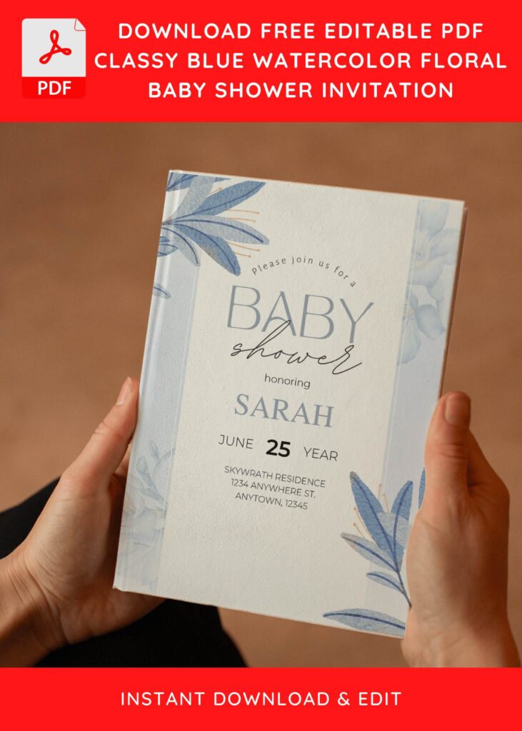(Free Editable PDF) Dreamy Blue Flower & Foliage Baby Shower Invitation Templates E