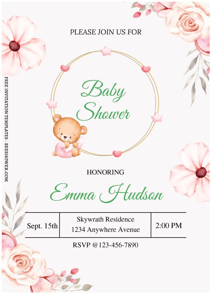 Floral Baby A - Downloadable (Free Editable PDF) Floral Teddy Bear Baby Shower Invitation Templates - Template No. 28