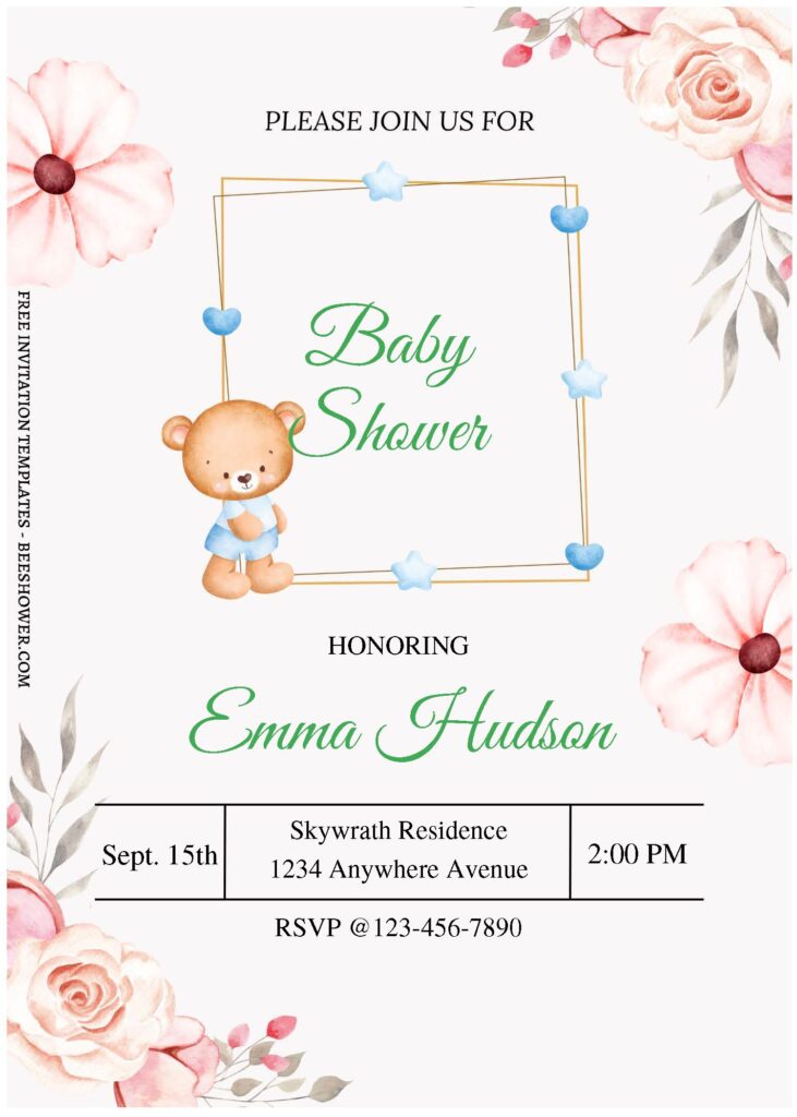 Floral Baby B - Downloadable (Free Editable PDF) Floral Teddy Bear Baby Shower Invitation Templates - Template No. 26