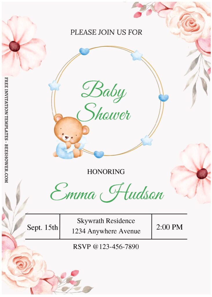 Floral Baby C - Downloadable (Free Editable PDF) Floral Teddy Bear Baby Shower Invitation Templates - Template No. 24