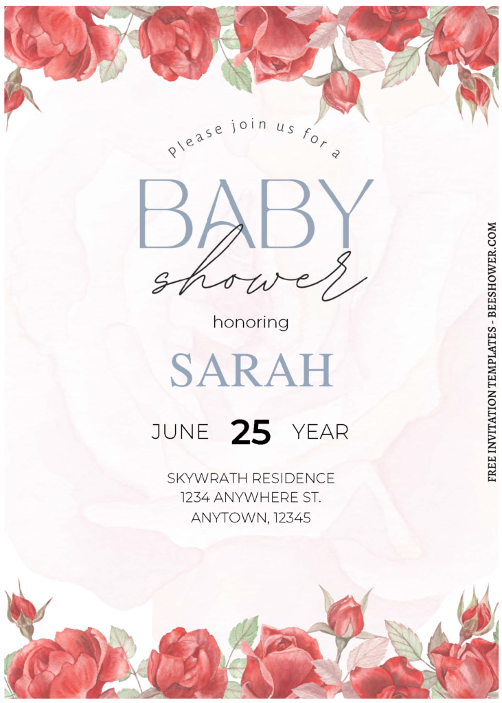 (Free Editable PDF) Romantic Red Rose Baby Shower Invitation Templates A