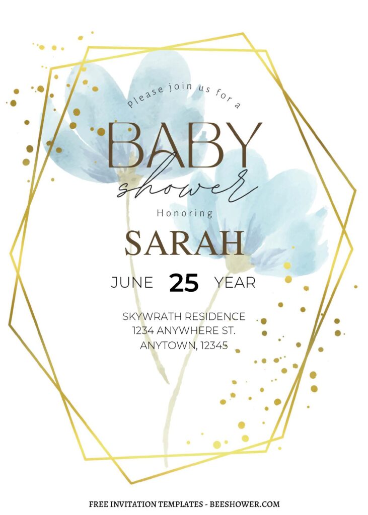 Geometric Floral A - Downloadable (Free Editable PDF) Dazzling Gold Watercolor Floral Baby Shower Invitation Templates - Template No. 28