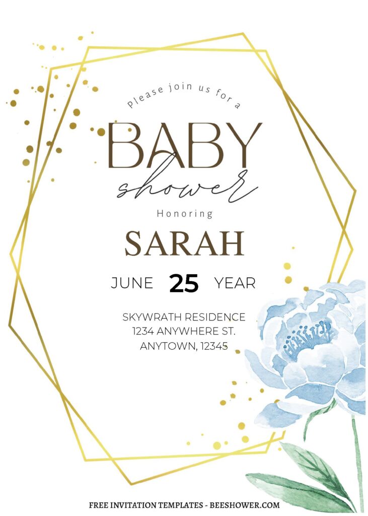 Geometric Floral B - Downloadable (Free Editable PDF) Dazzling Gold Watercolor Floral Baby Shower Invitation Templates - Template No. 26