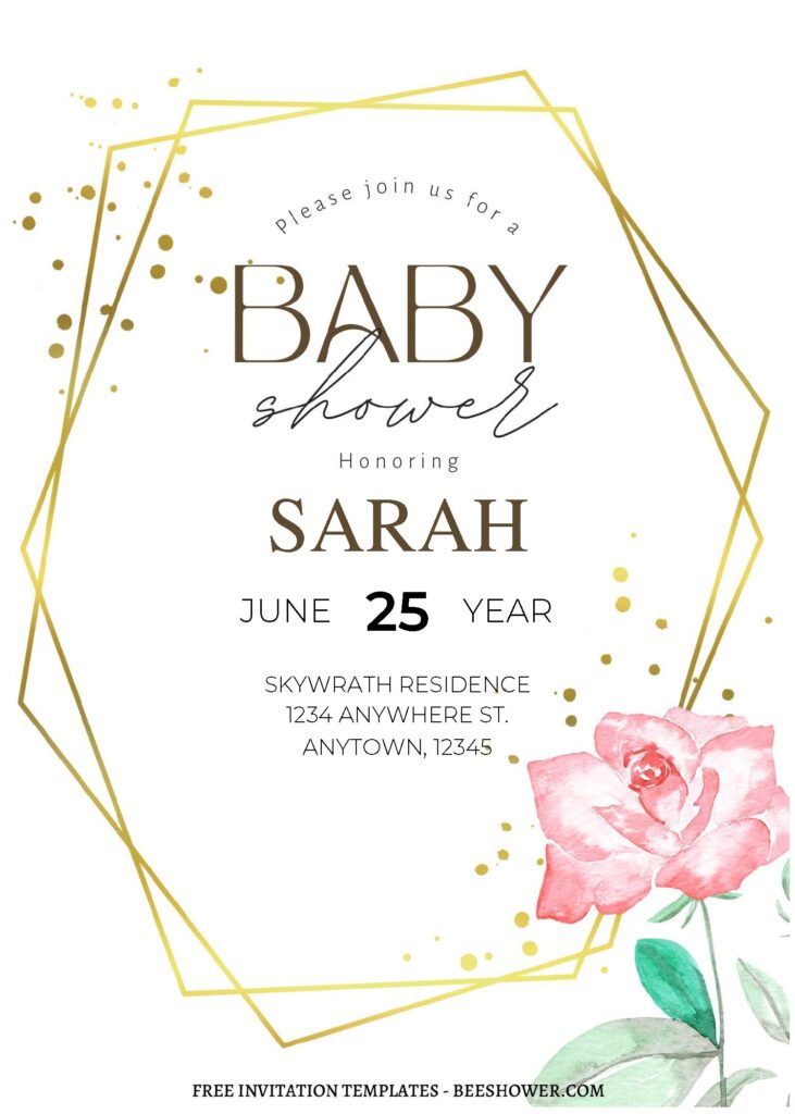 Geometric Floral C - Downloadable (Free Editable PDF) Dazzling Gold Watercolor Floral Baby Shower Invitation Templates - Template No. 24